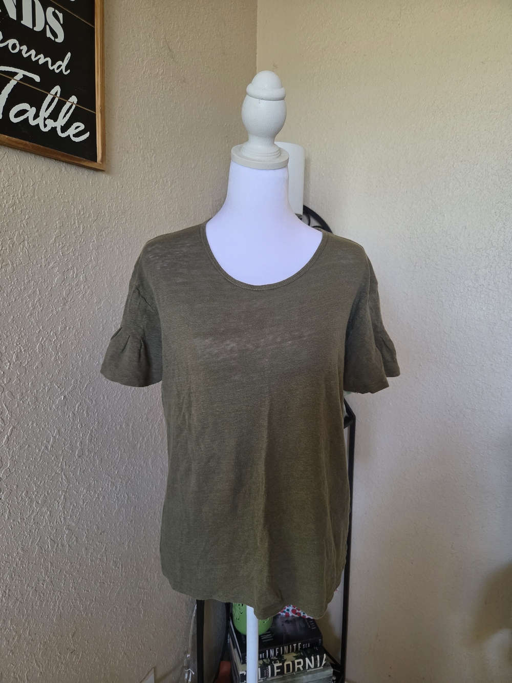 J. Crew Olive Short Sleeve Ruffle-Sleeve Tee